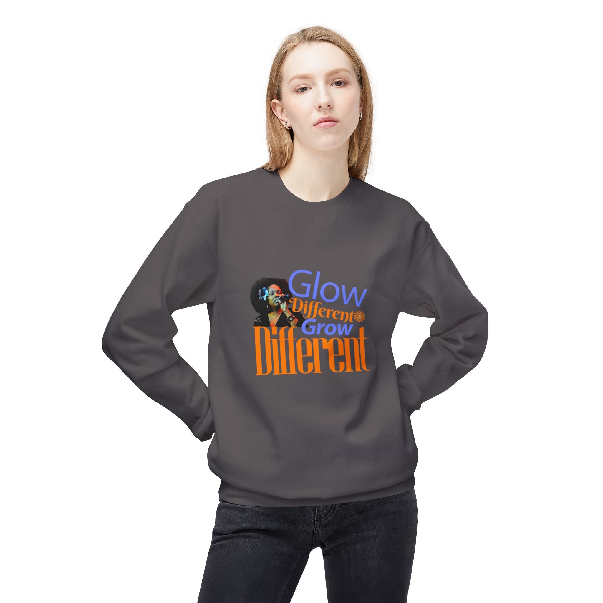 Glow Different Sweatshirt – 'Glow Different, Grow Different' Motivational Crewneck – Unisex Fleece Pullover